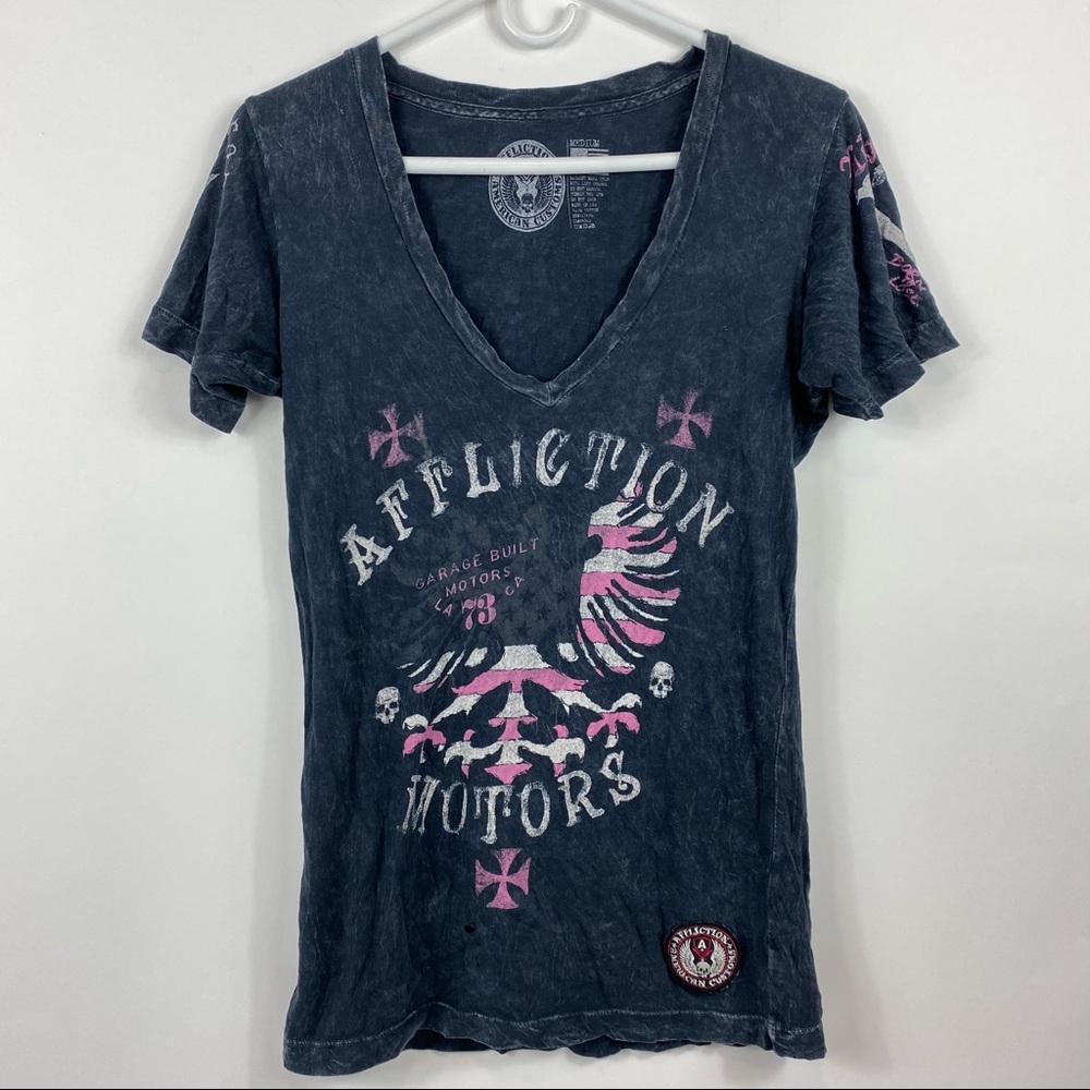 Affliction Women Medium Distressed Graphic Tee Shirt Black Pink Garage Motors
